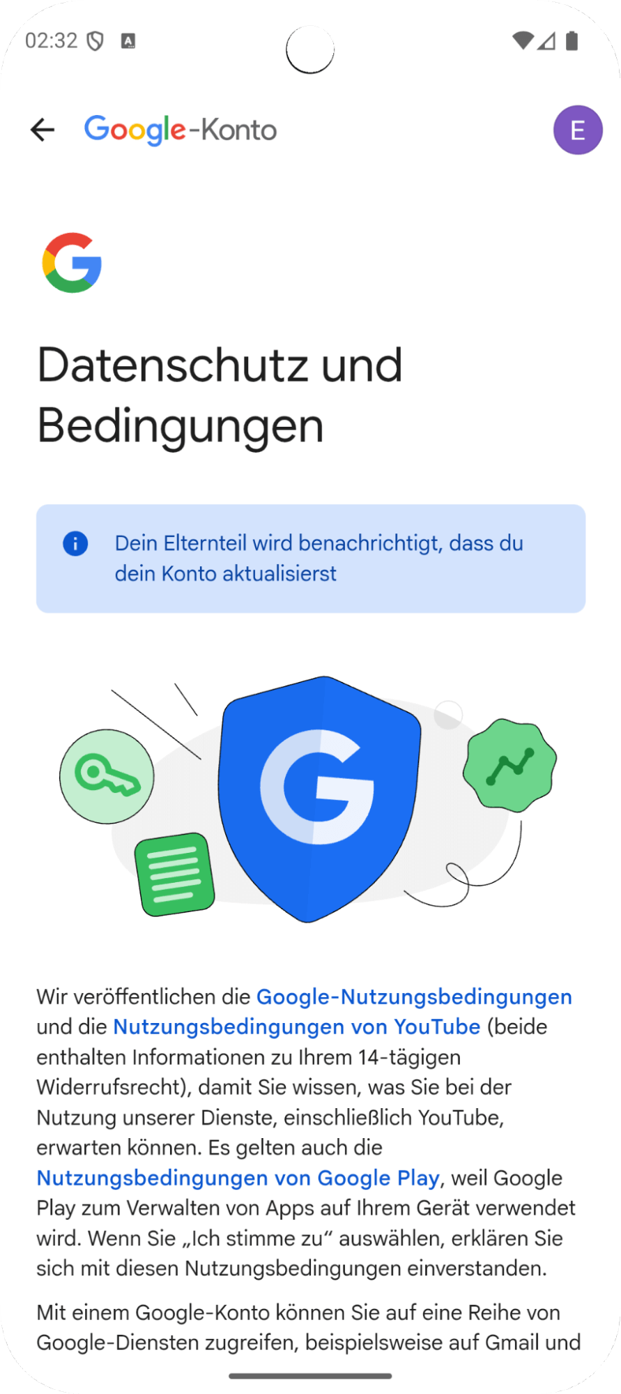 Schritt 1 beim Beenden der Family Link-Aufsicht auf dem Telefon des Kindes während der Kontoaktualisierung