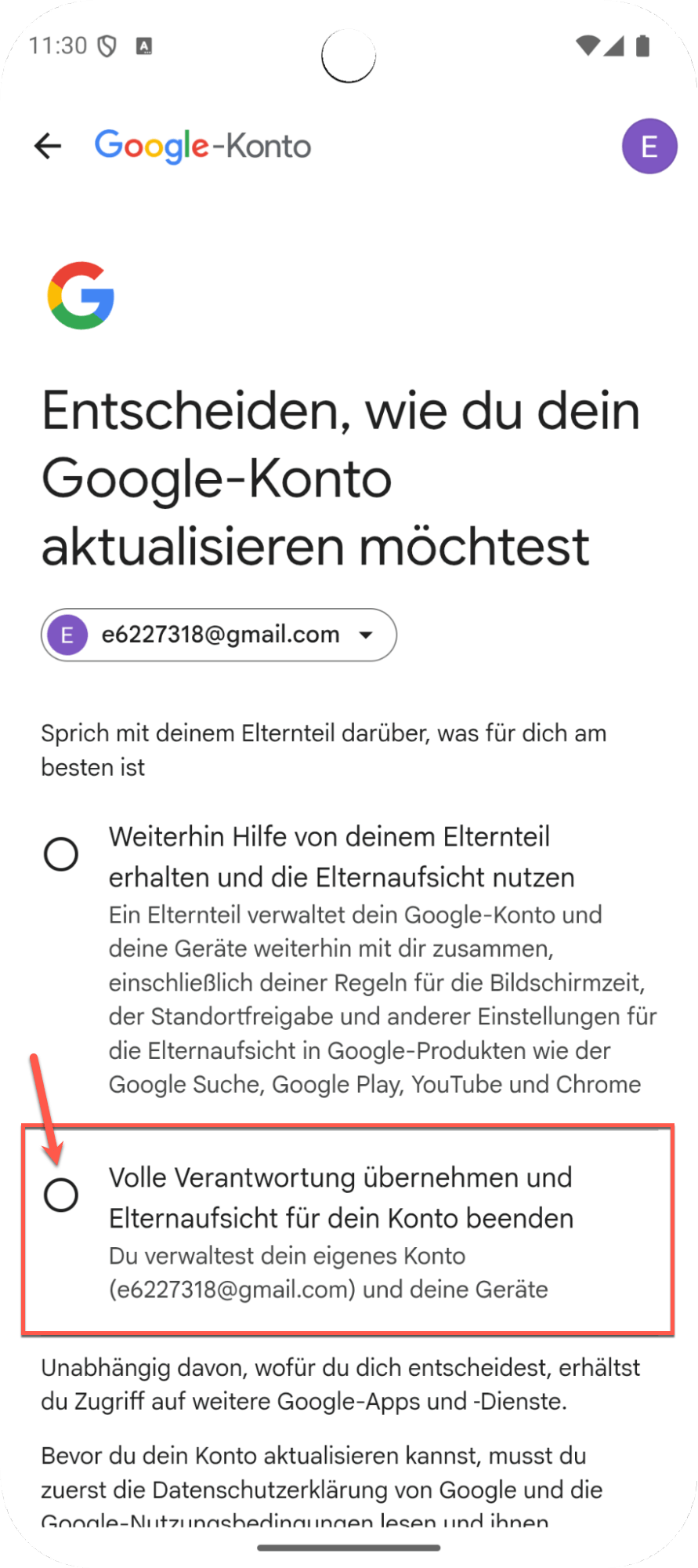 Schritt 3 beim Beenden der Family Link-Aufsicht auf dem Telefon des Kindes während der Kontoaktualisierung