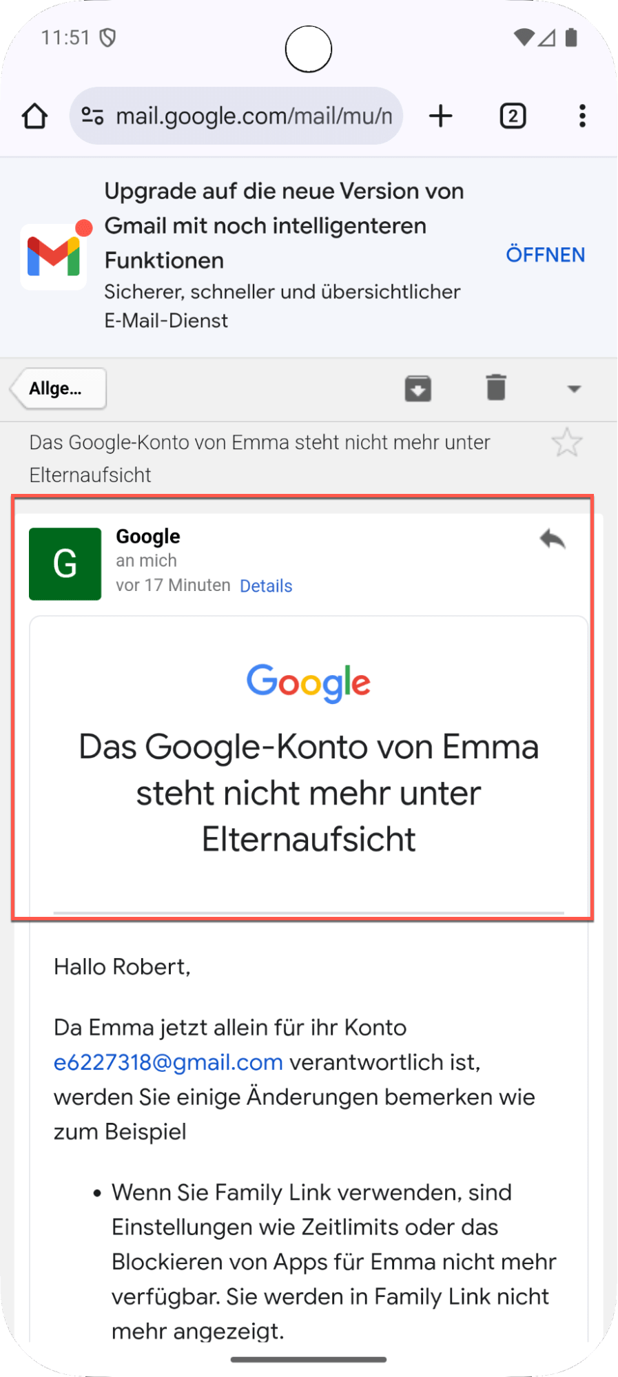 Schritt 4 beim Beenden der Family Link-Aufsicht auf dem Telefon des Kindes während der Kontoaktualisierung