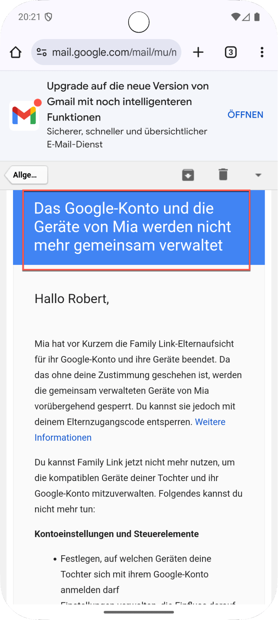 Bestätigung-E-Mail über das Ende der Family Link-Aufsicht