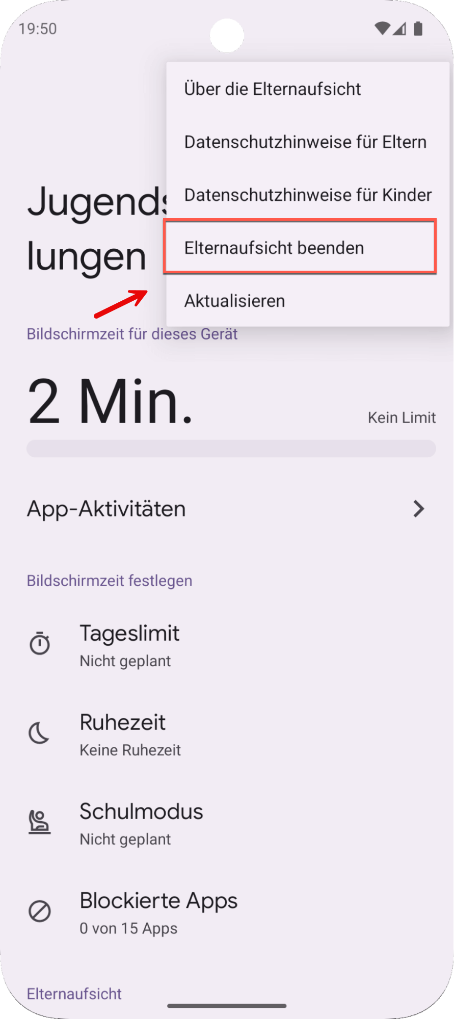 Telefon zeigt den Zugriff auf das Beenden der Family Link-Aufsicht