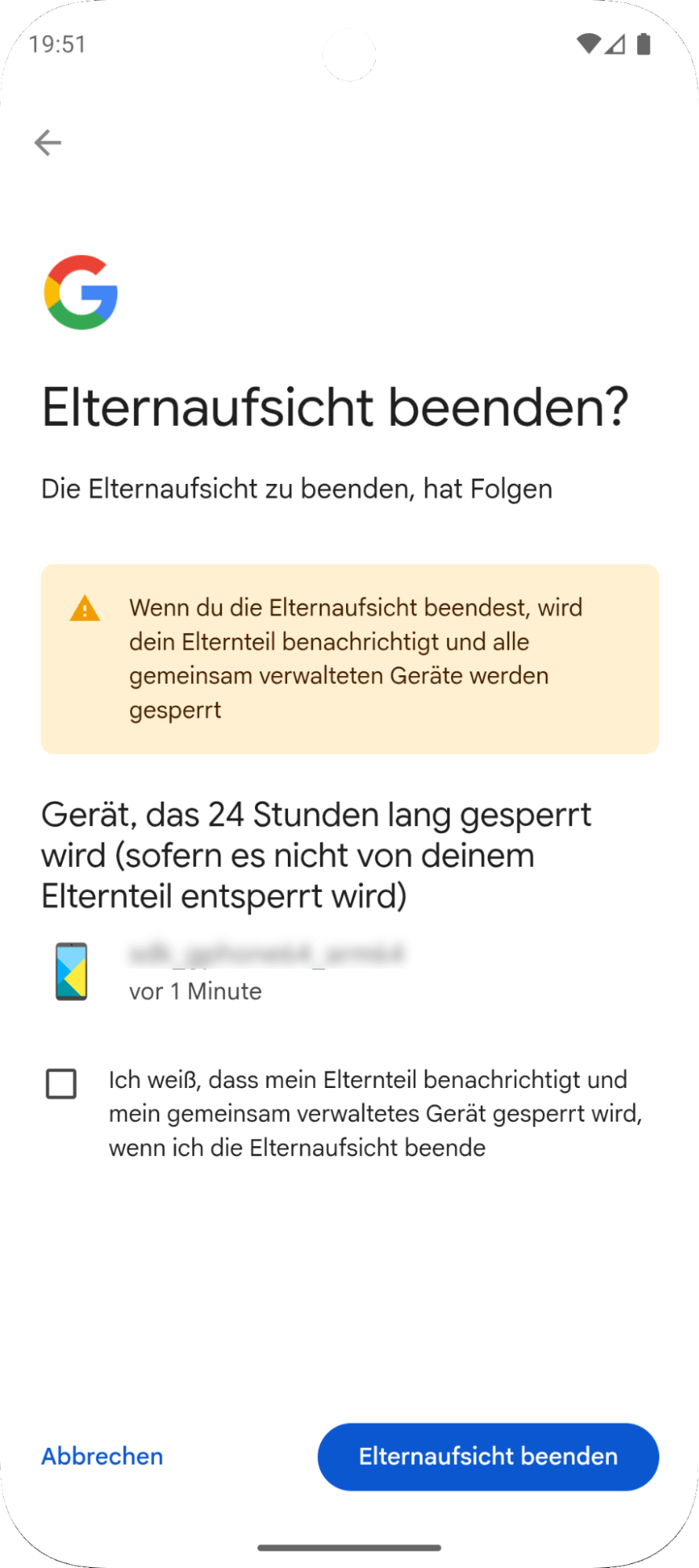 Telefon zeigt den Zugriff auf das Beenden der Family Link-Aufsicht
