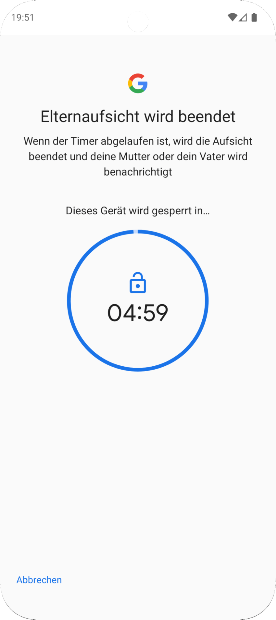 Telefon zeigt die 5-minütige Wartezeit zum Deaktivieren von Family Link