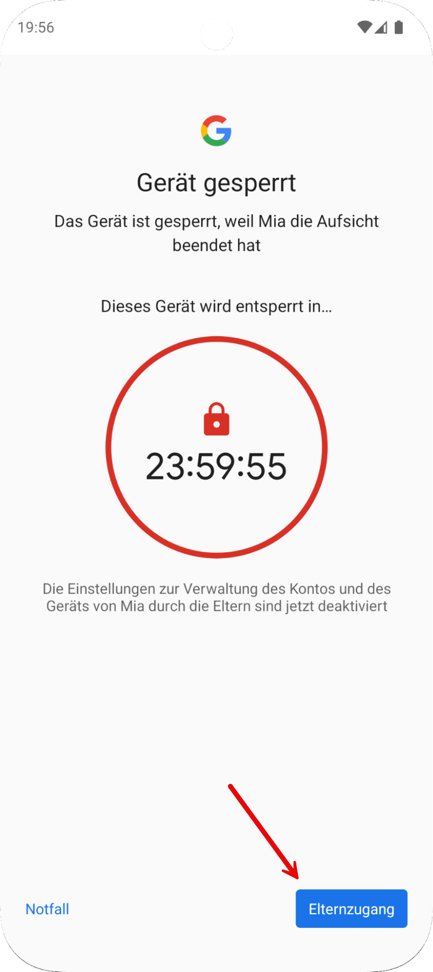 Telefon zeigt die 24-stündige Wartezeit zum Entsperren des Kindergeräts bei der Deaktivierung von Family Link