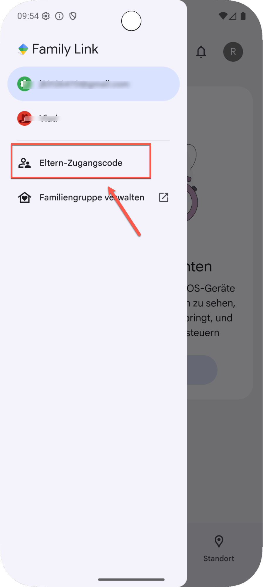 Telefon zeigt den Zugriff auf den Eltern-Code in Family Link