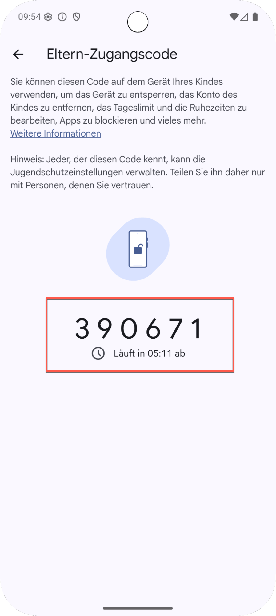 Handybildschirm mit dem Eltern-Code von Family Link