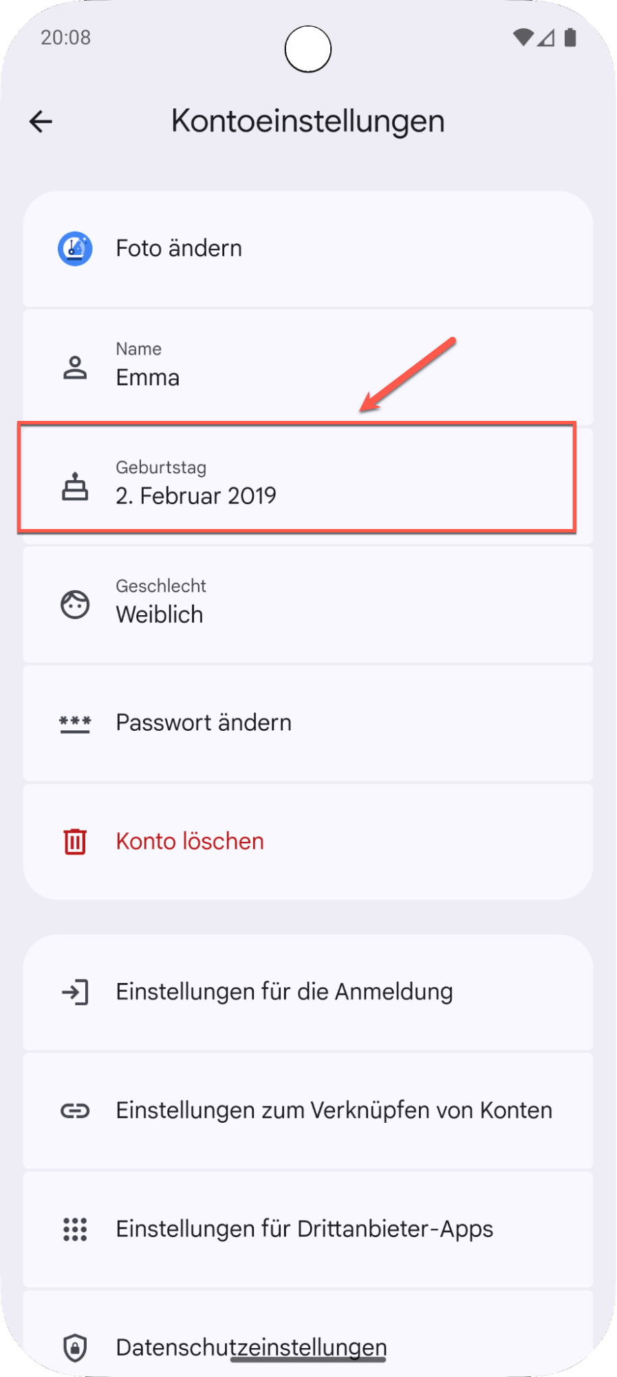 Telefon zeigt die Änderung des Geburtsdatums in Family Link