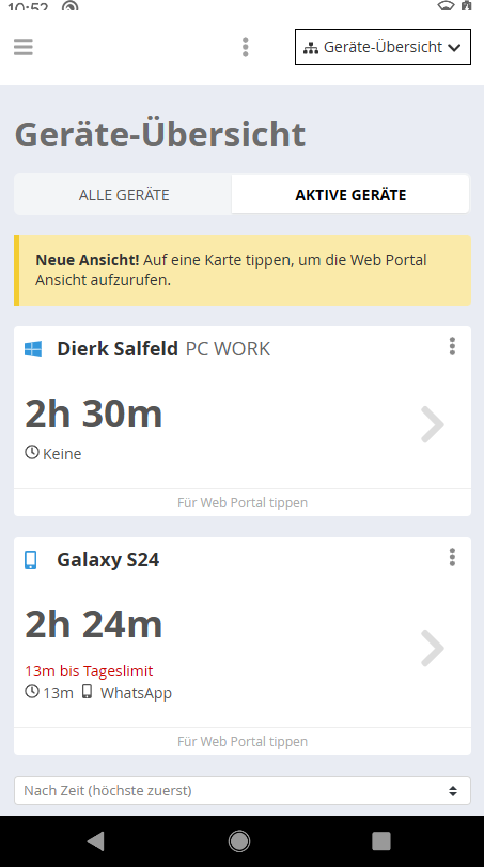 Geräte-Übersicht in der Eltern App
