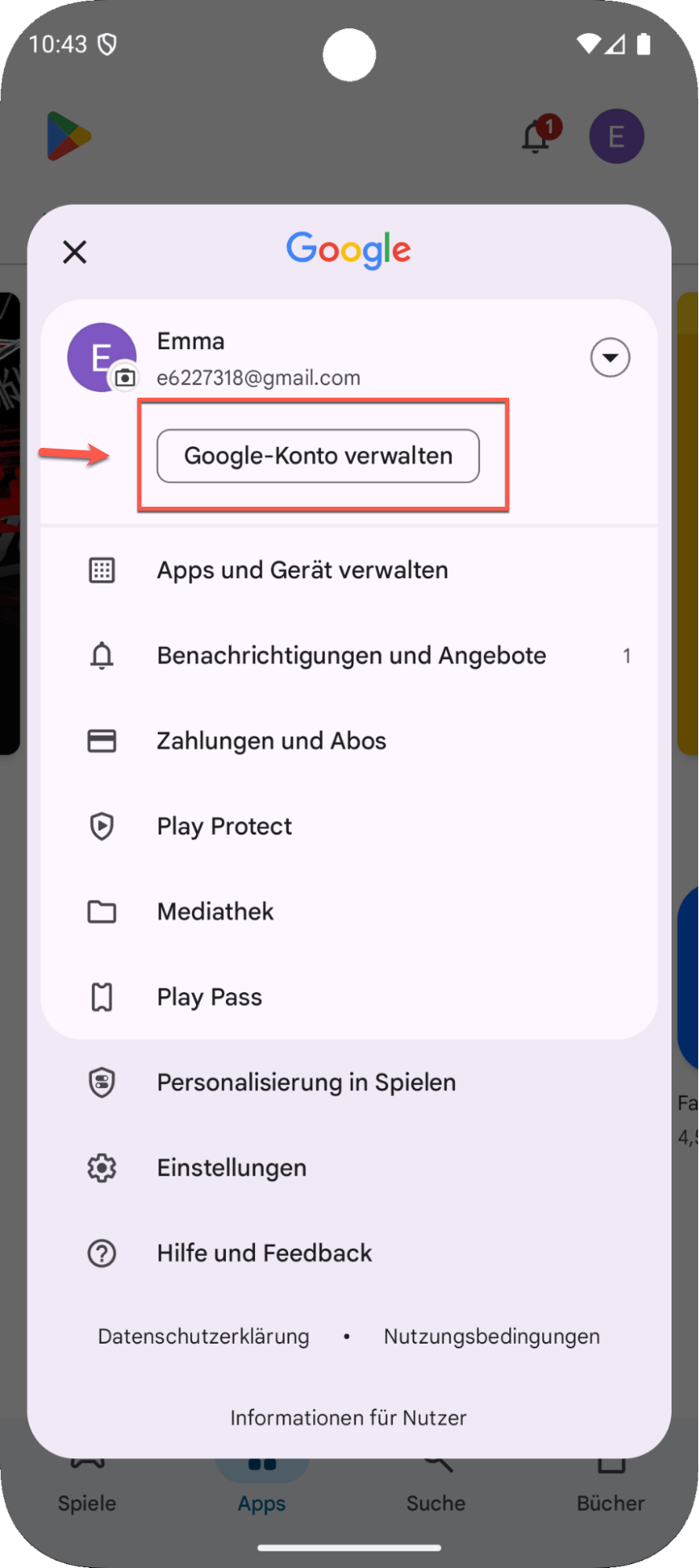 Handy zeigt den Zugriff auf das Google-Konto über Google Play