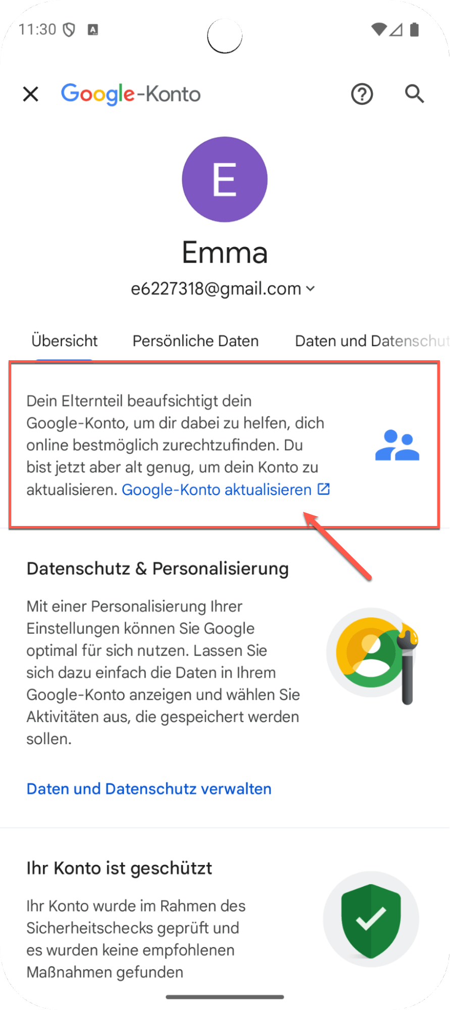 Bildschirm zeigt, wie das Kinderkonto aktualisiert wird, um Family Link zu deaktivieren